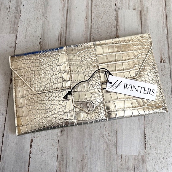 JJ Winters Handbags - JJ Winters Metallic Gold Croc Embossed Envelope Clutch